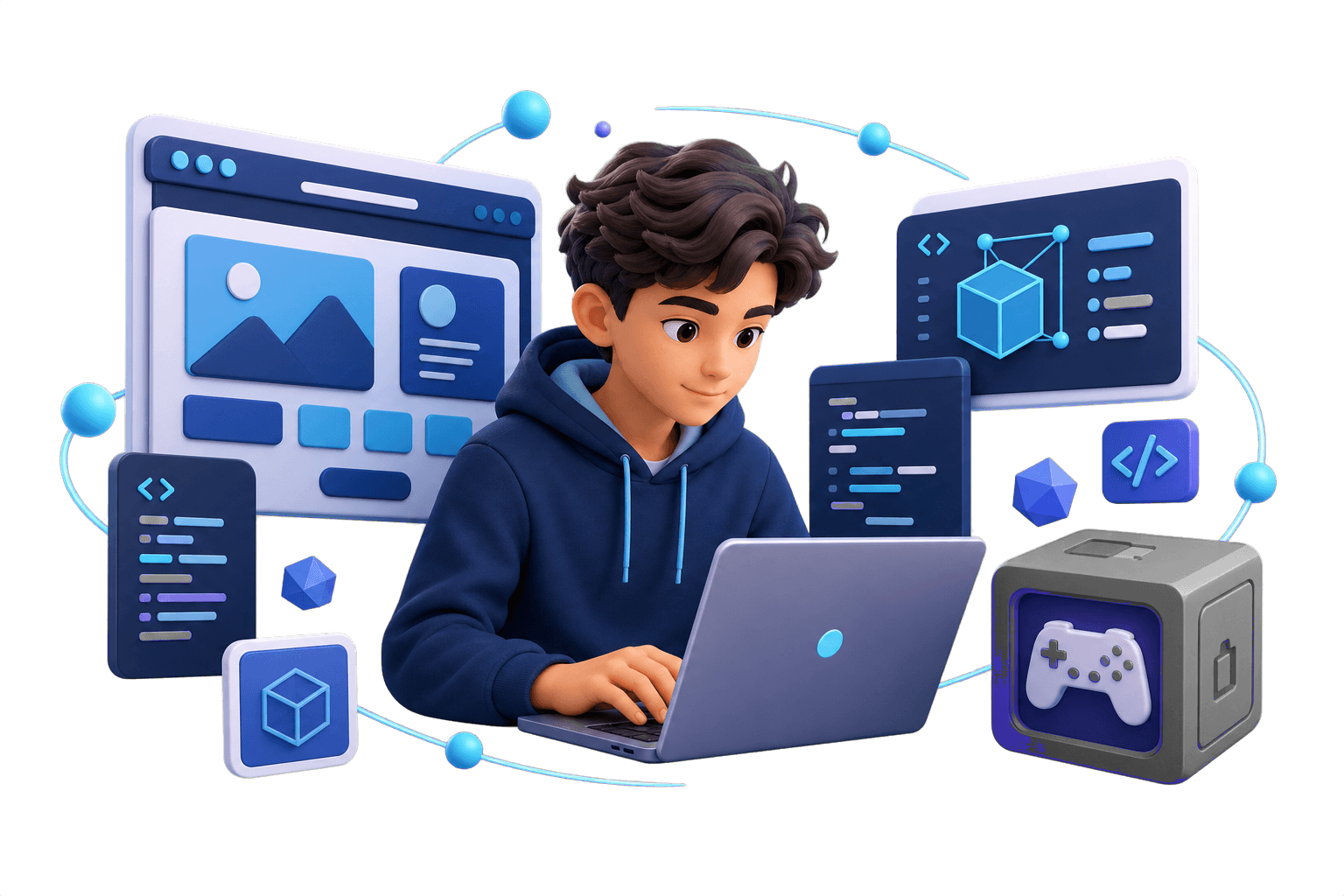 Подросток создаёт веб- и игровой проект на ноутбуке